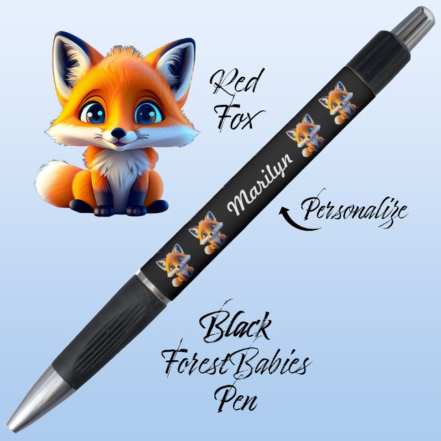 Red Fox, Cute Unique Whimsical Forest Animal Black (Cute Whimsical Red Fox Woodland Forest Wildlife Animal Cartoon Graphic, Black Personalizable Pen 🦊)