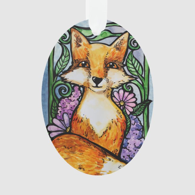 Red Fox Floral Nature Art Ornament (Front)