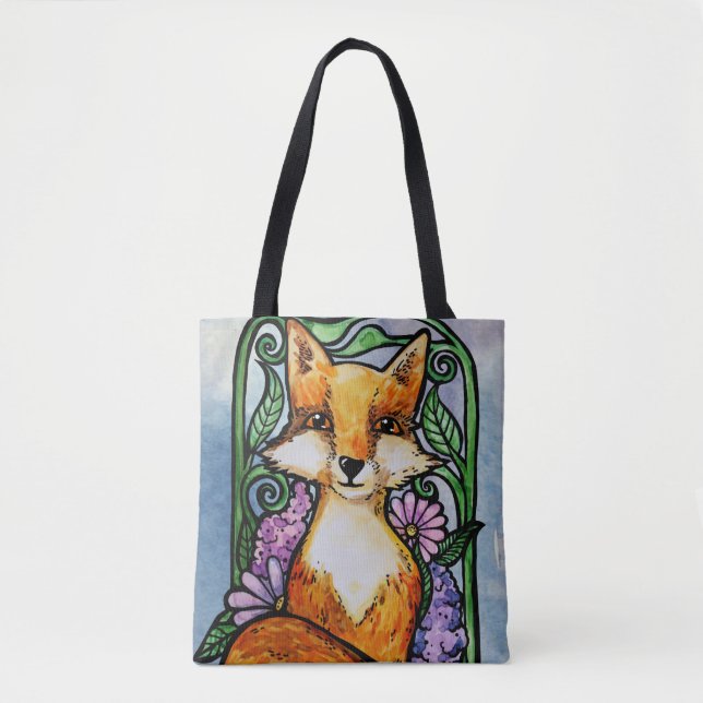 Red Fox Floral Nature Art Tote Bag (Front)