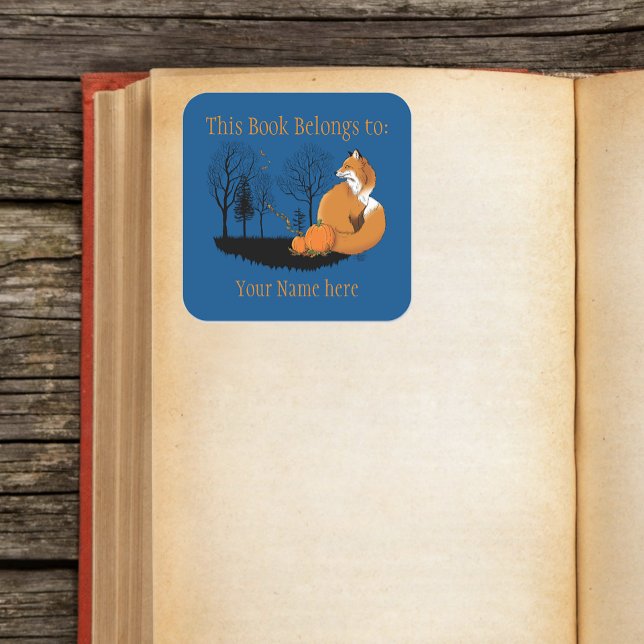 Red Fox Forest Pumpkins Bookplate Square Sticker (Creator Uploaded)