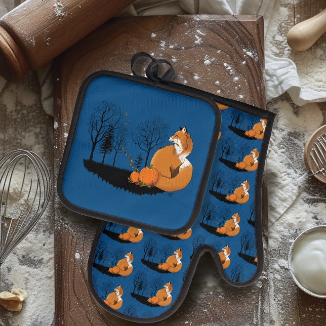 Red Fox Forest Pumpkins Oven Mitt & Pot Holder Set (Creator Uploaded)