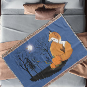 Red Fox Forest Pumpkins Throw Blanket