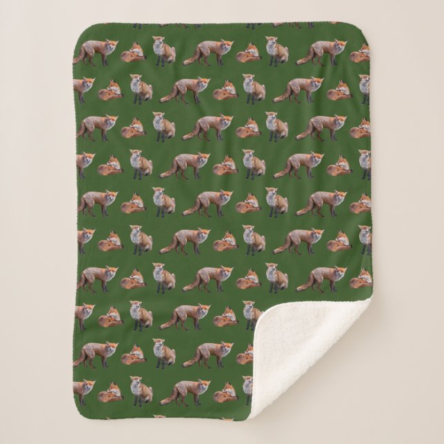 Red Fox Frenzy Sherpa Blanket (Dark Green) (Front)