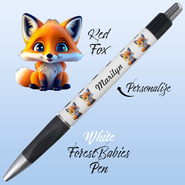 Red Fox, Fun Wildlife Animal Office Supply White (Cute Whimsical Red Fox Cartoon Graphic, White Personalizable ForestBabies Pen 🦊)