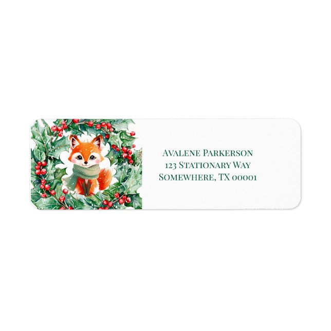 Red Fox Green Berries Baby Shower Address Label (Front)