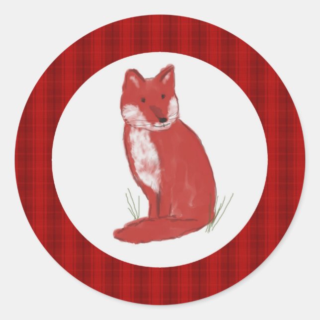 Red Fox Illustration with Plaid Frame Sticker (Front)