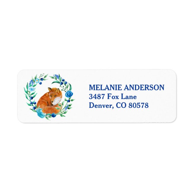 Red Fox in Blue Floral Wreath Return Address (Front)