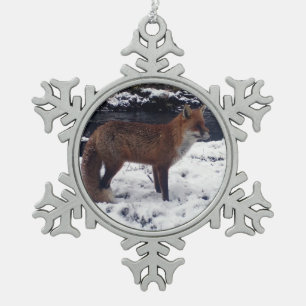 Red Fox in Snow Snowflake Pewter Christmas Ornament