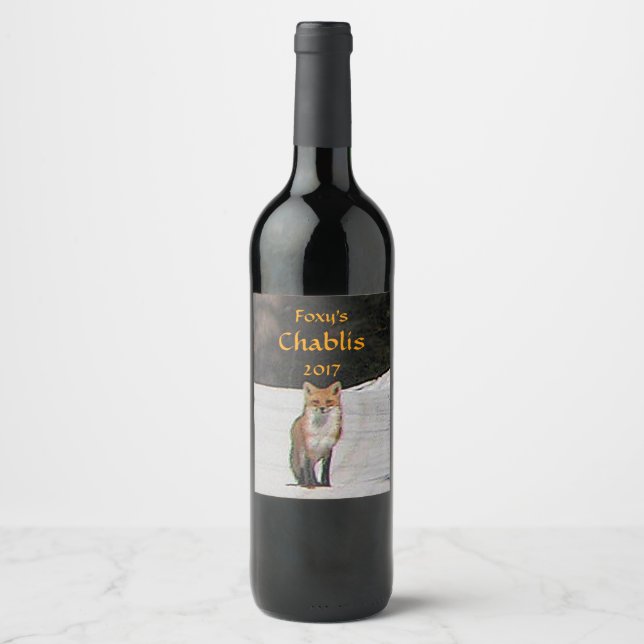 Red Fox in White Winter Snow Wine Label (Front)