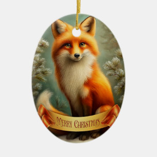 Red fox in winter forest ceramic tree decoration