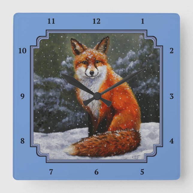 Red Fox in Winter Snow Blue Square Wall Clock (Front)