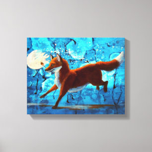 Red Fox Kitsune Surreal Fantasy on Blue Canvas Print