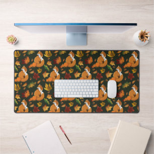 Red Fox Leaves Acorn Green Desk Mat