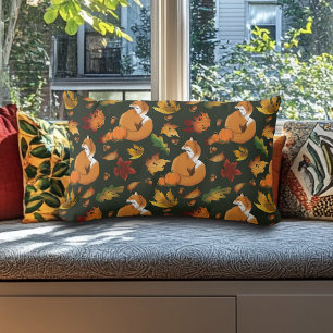 Red Fox Leaves Acorns Green Lumbar Cushion