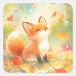 Red Fox Looking Up at Falling Autumn Leaves Square Sticker
