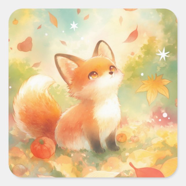 Red Fox Looking Up at Falling Autumn Leaves Square Sticker (Front)