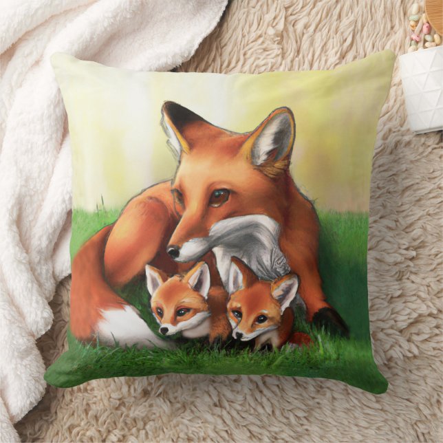 Red Fox Mother and Kits in the Grass Cushion (Blanket)