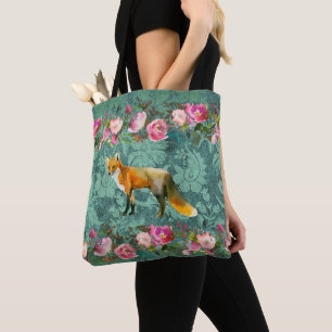 Red Fox on Green Damask Print With Pink Roses Tote Bag