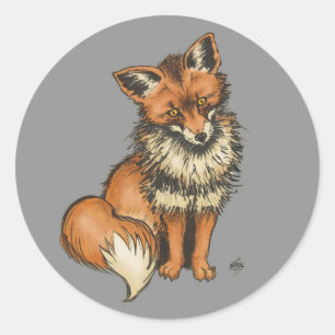 Red fox on grey background classic round sticker