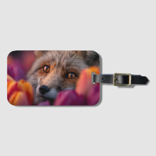 Red Fox Peeking Through Pink and Orange Tulips Luggage Tag