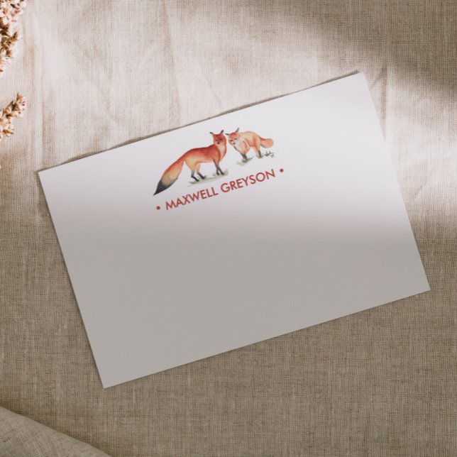 Red Fox Personalised Stationery Small Card (Personalized notecards watercolor fox art by Victoria Grigaliunas VG Invites)
