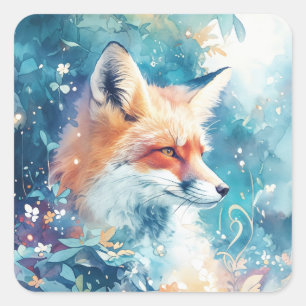 Red Fox Profile in Blue and Teal Watercolor Forest Square Sticker