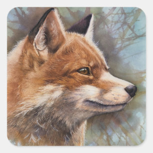 Red Fox Profile Portrait Watercolor Background Art Square Sticker