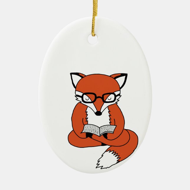 Red fox reading book ceramic tree decoration (Front)
