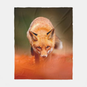 Red fox running on orange autumn leaves. Cute Red  Fleece Blanket
