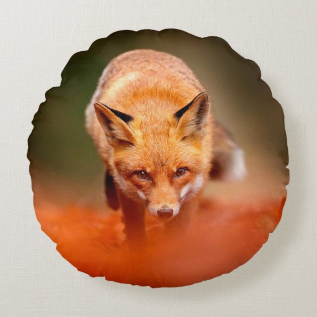 Red fox running on orange autumn leaves. Cute Red  Round Cushion (Front)