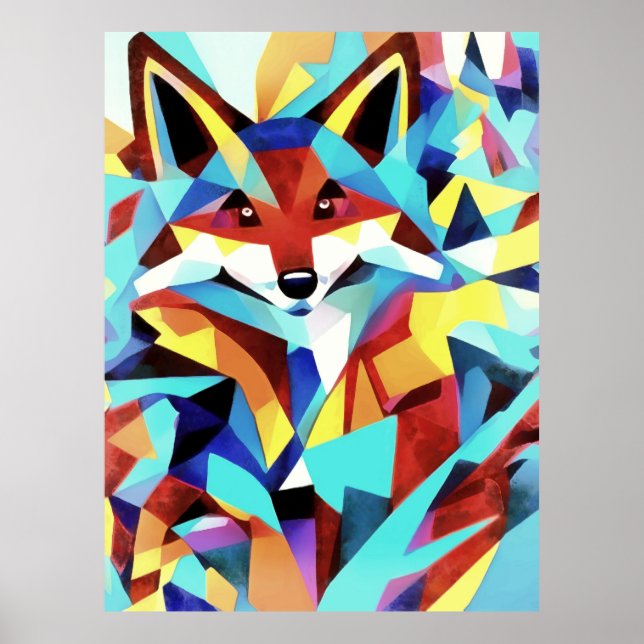 Red Fox Running Through Water Geometric Art Style Poster (Front)