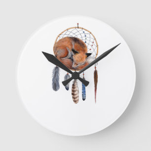 Red Fox Sleeping on Dreamcatcher Round Clock