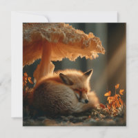 Red Fox Sleeping Under Giant Mushroom