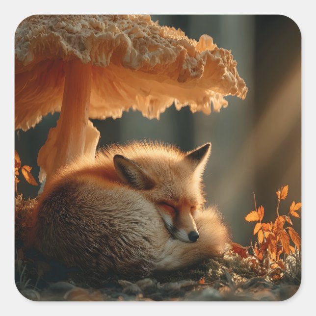 Red Fox Sleeping Under Giant Mushroom Square Sticker (Front)