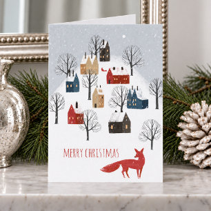 Red Fox Snowy Nordic Village Merry Christmas  Holiday Card