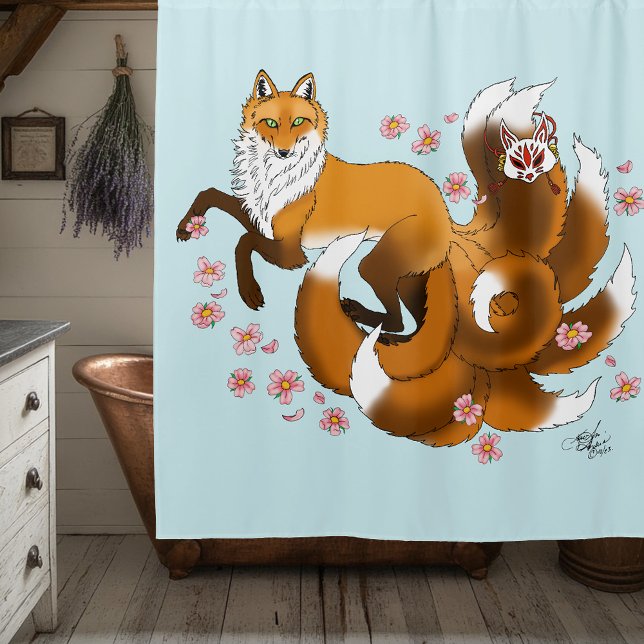 Red Fox Tails Kitsune Kasai Shower Curtain (Creator Uploaded)
