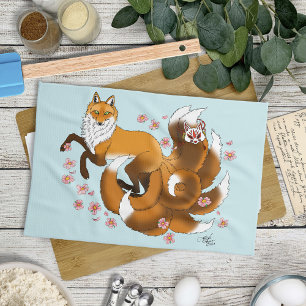 Red Fox Tails Kitsune Kasai Tea Towel