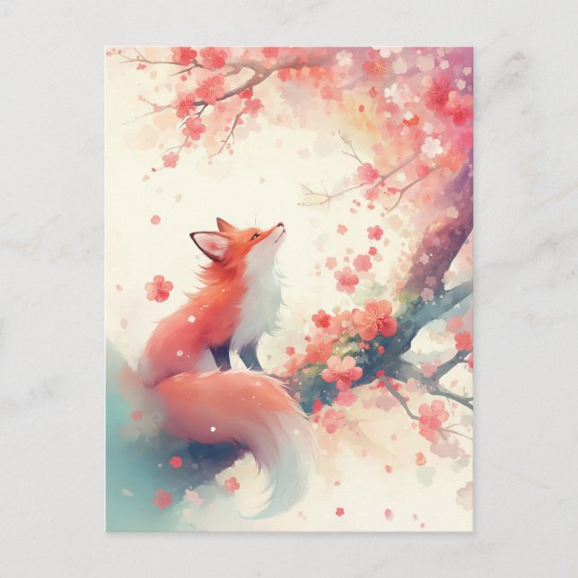 Red Fox Under Pink Cherry Blossom Postcard (Front)