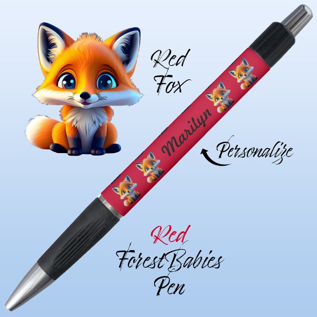 Red Fox, Unique Kids School Stationery Vibrant Red (Cute Whimsical Red Fox Cartoon Graphic, red Personalizable ForestBabies Pen 🦊)