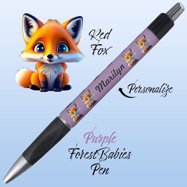 Red Fox, Vibrant Purple, Kids Name, School Gift (Cute Whimsical Red Fox Cartoon Graphic, purple Personalizable ForestBabies Pen 🦊)