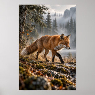 Red Fox Walking Through Misty Mountain Forest Wild Poster