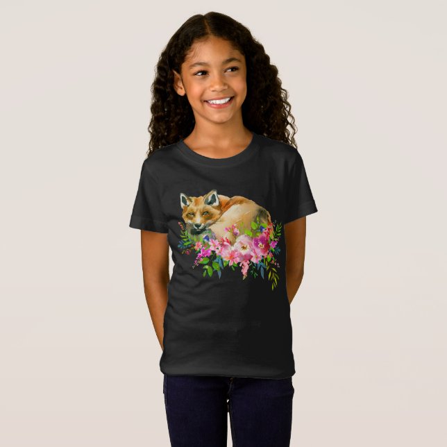 Red Fox & Watercolor Floral Girl's t-shirt (Front Full)