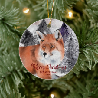 Red Fox Watercolor in Forest Christmas Ornament