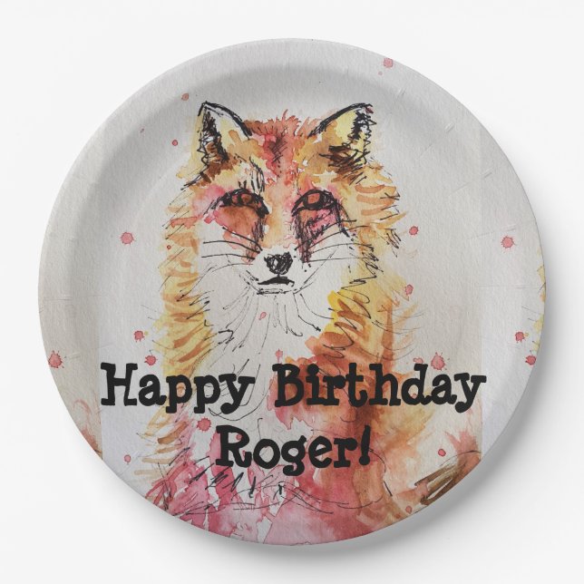 Red Fox Watercolour Birthday Boy Party Paper Plate (Front)