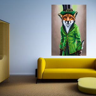 Red fox wearing green clothes AI Art Poster