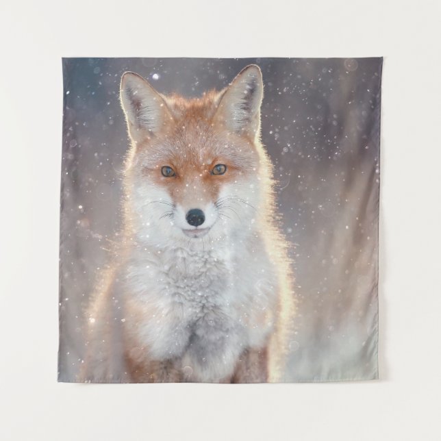 Red fox, winter forest, scenic illustration. tapestry (Front)