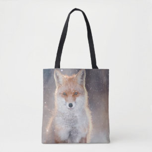 Red fox, winter forest, scenic illustration. tote bag