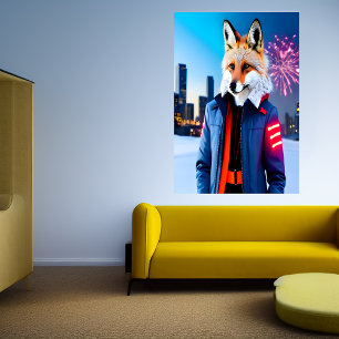 Red Fox with a uniform and firework   AI Art  Poster