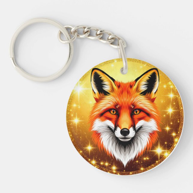 Red Fox with Golden Sparkling Background Key Ring (Front)