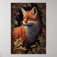 Red Fox with Leaves | Elegant Floral Animal Art